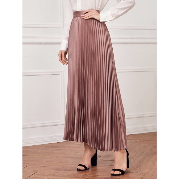 High Waist Pleated Satin Maxi Skirt light pink - Picture 4 of 5